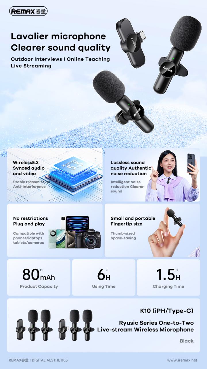 میکروفون بیسیم دوگانه و یقه ای ریمکس مدل IPHK10 - Image 2